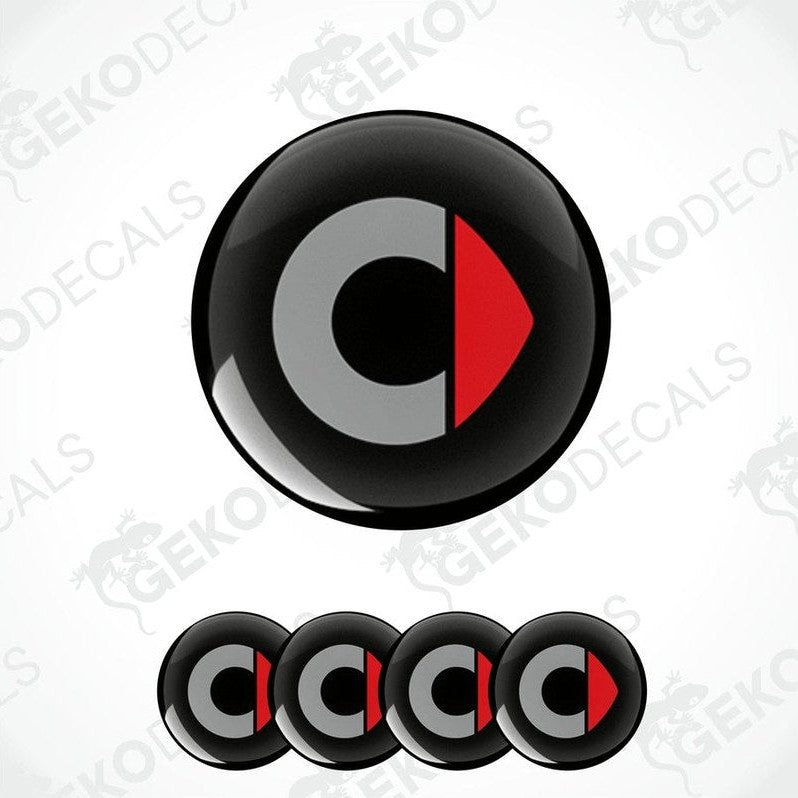 A set of four round car decals with a geometric design consisting of a grey 'C' with a red triangle on a white background.