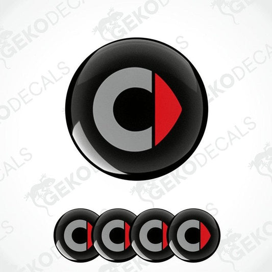 A set of four round car decals with a geometric design consisting of a grey 'C' with a red triangle on a white background.