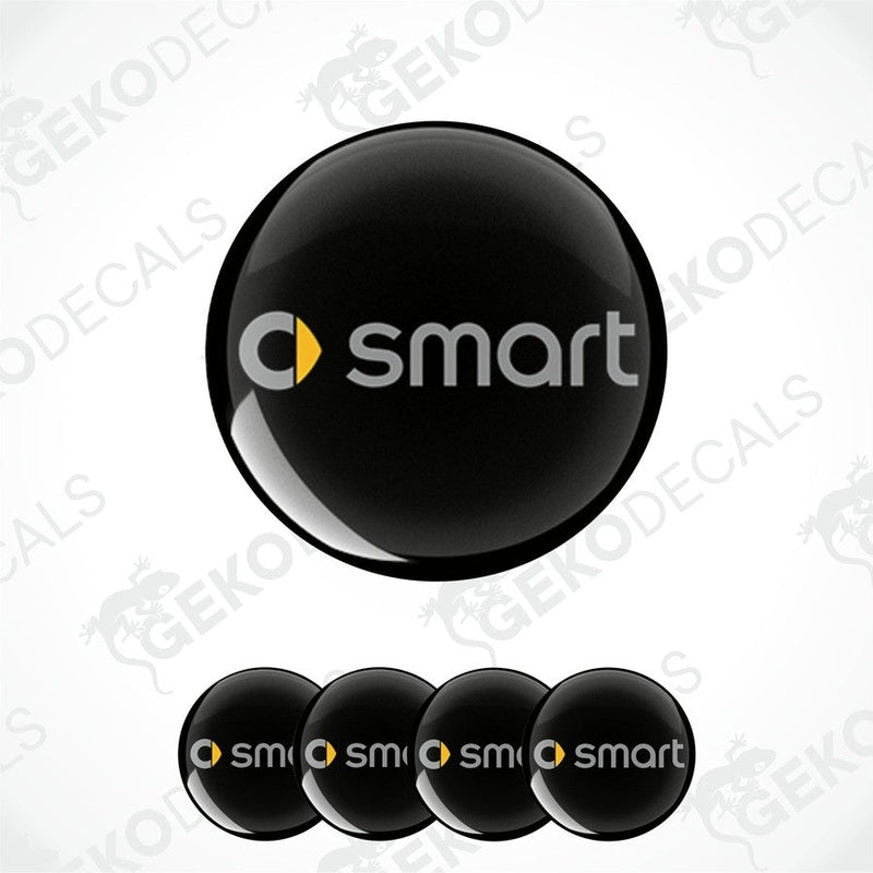 A set of four black vinyl stickers with a yellow 'SMART' logo design.