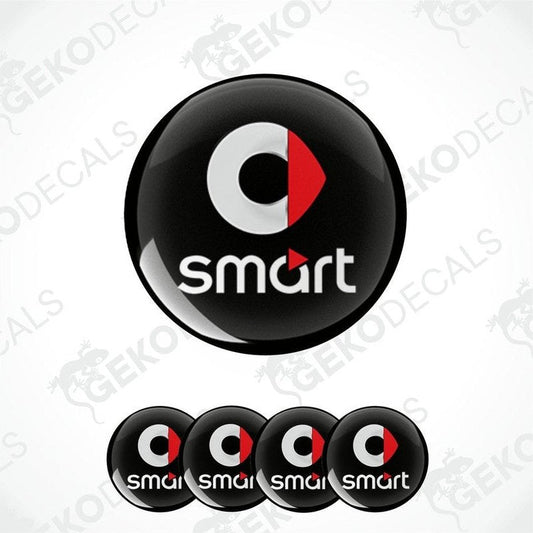A set of four round vinyl stickers with a geometric design. The design includes a red and white 'S' on a black background with the word 'SMART' across the top.