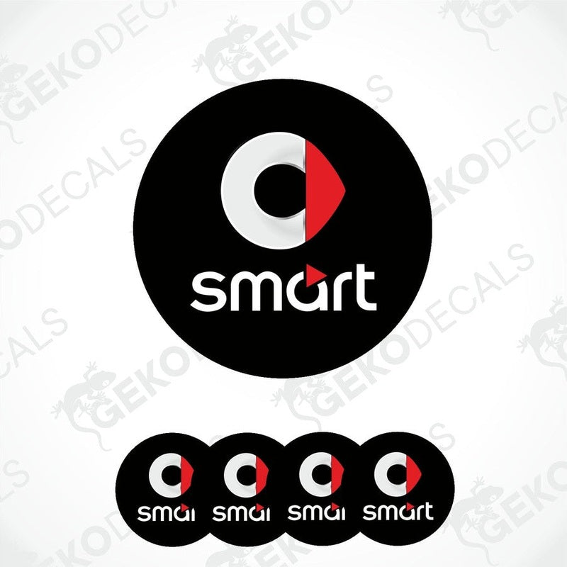 A set of four round vinyl stickers with a geometric design. The design includes a red and white 'S' on a black background with the word 'SMART' across the top.