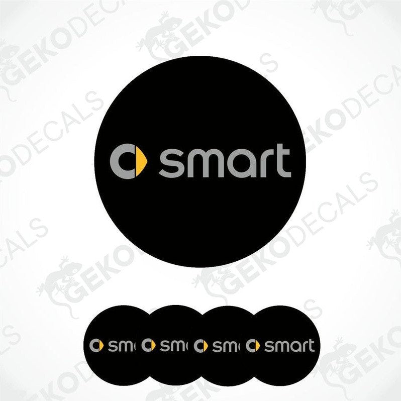A set of four black vinyl stickers with a yellow 'SMART' logo design.