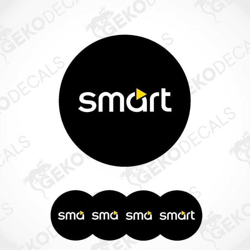 A set of four round car decals with the smart car logo in black, yellow, and white colors