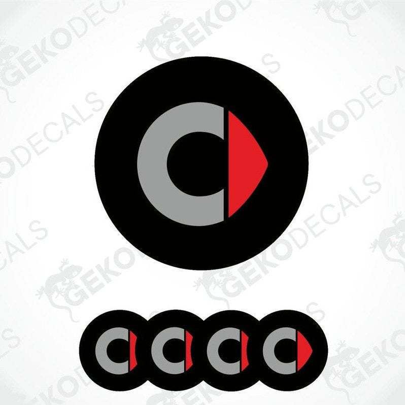 A set of four round car decals with a geometric design consisting of a grey 'C' with a red triangle on a white background.