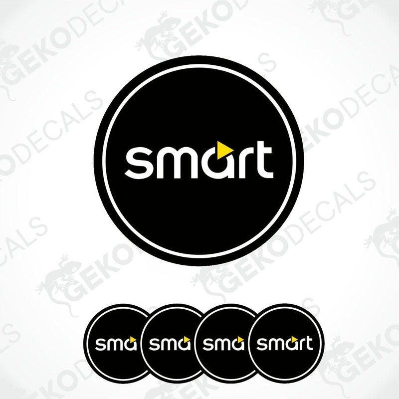 A set of four round black vinyl stickers with the word 'SMART' and a small graphic icon on each sticker.