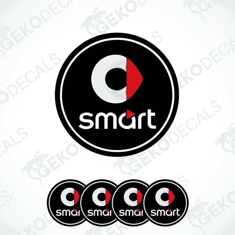 A set of four round car decals with the smart car logo in black, red, and white colors.