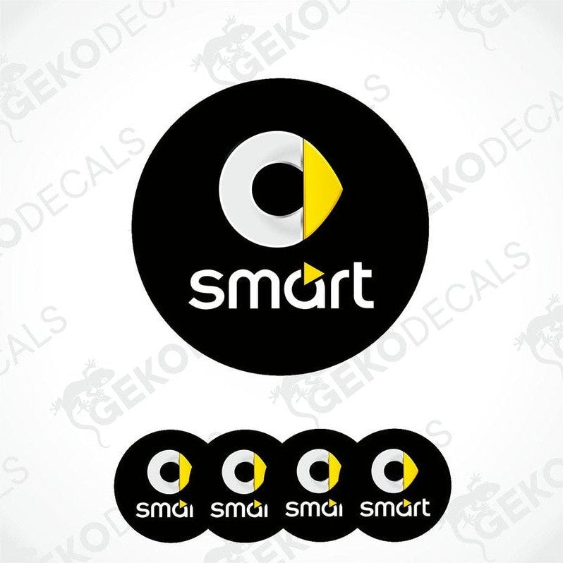 A set of four black vinyl stickers with a yellow 'SMART' logo design.