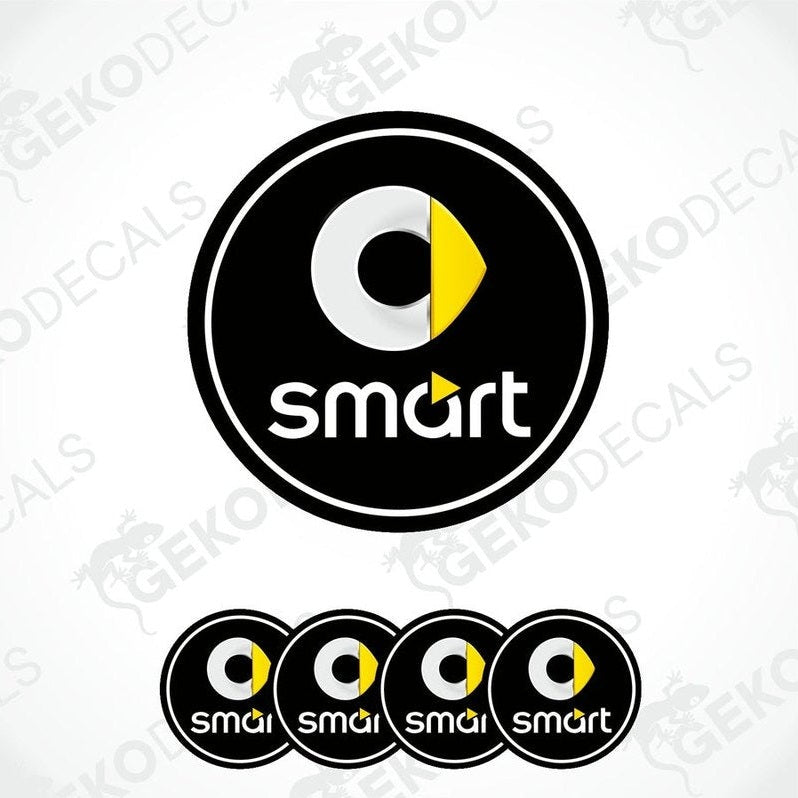 A set of four black, yellow, and white vinyl decals with the 'smart' logo.