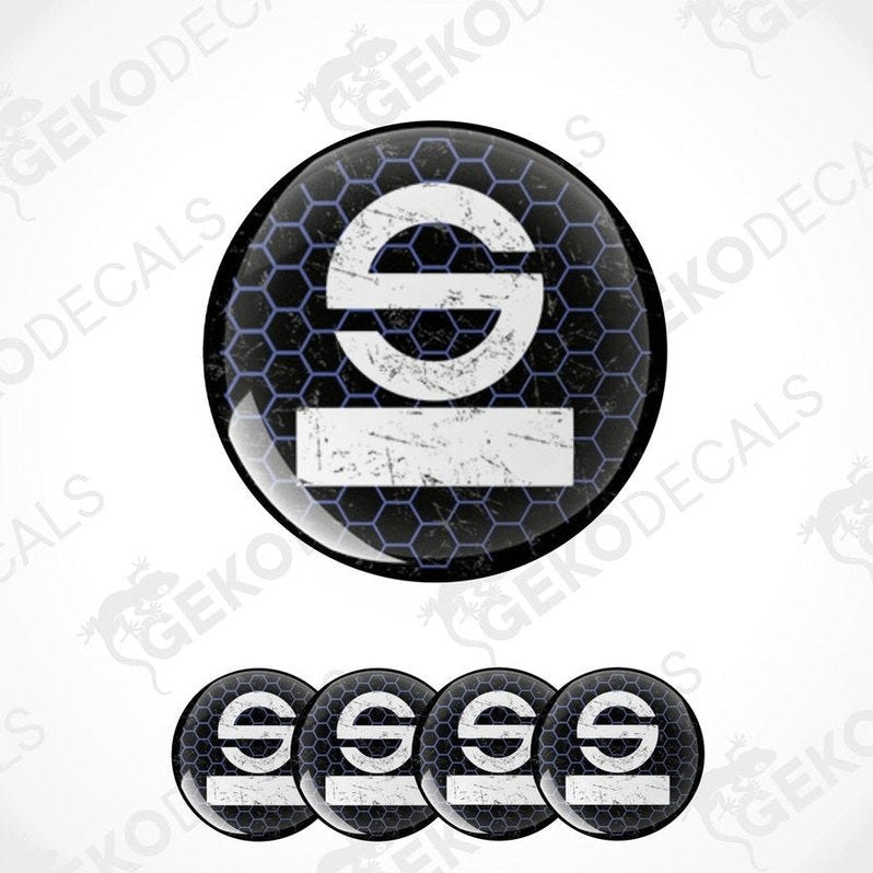 A set of four black vinyl stickers with the SPARCO brand logo, designed for use as car decals.