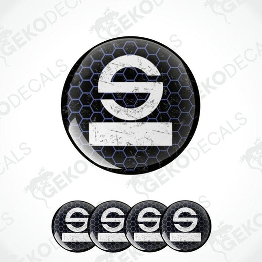 A set of four black vinyl stickers with the SPARCO brand logo, designed for use as car decals.