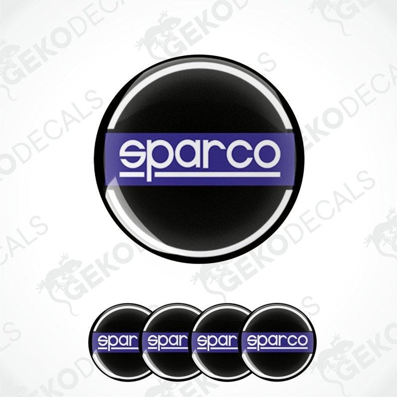 A set of vinyl stickers with a polyurethane coating featuring the SPARCO logo in black, blue, and white colors.
