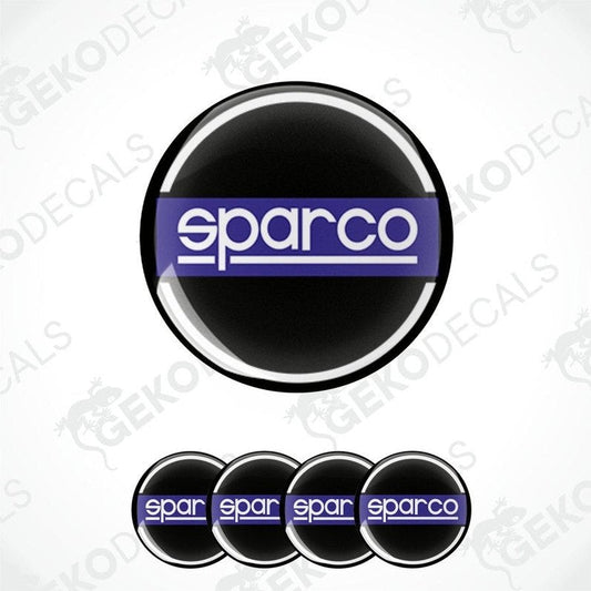 A set of vinyl stickers with a polyurethane coating featuring the SPARCO logo in black, blue, and white colors.