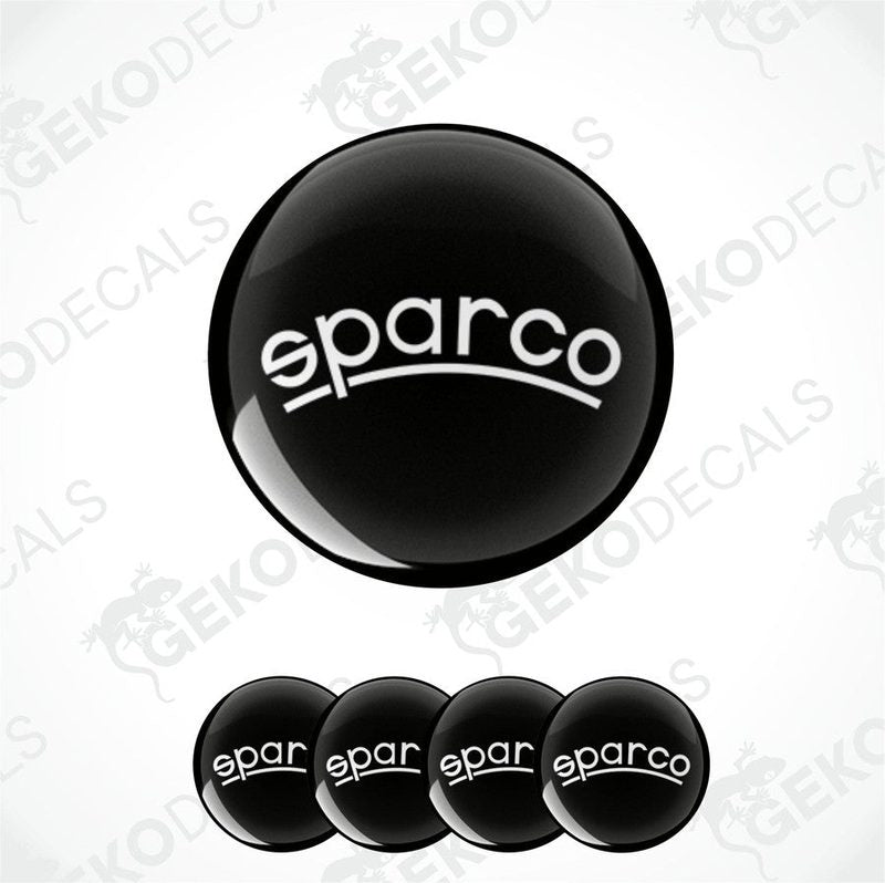 A set of four black vinyl stickers with the SPARCO brand logo on them.