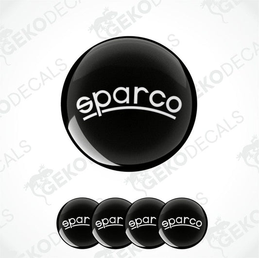 A set of four black vinyl stickers with the SPARCO brand logo on them.