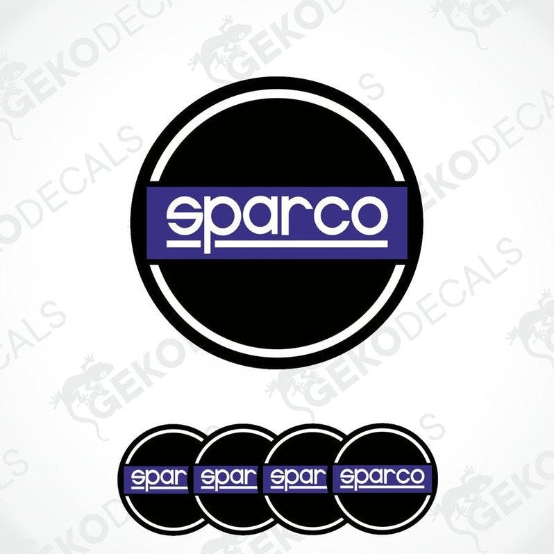 A set of vinyl stickers with a polyurethane coating featuring the SPARCO logo in black, blue, and white colors.