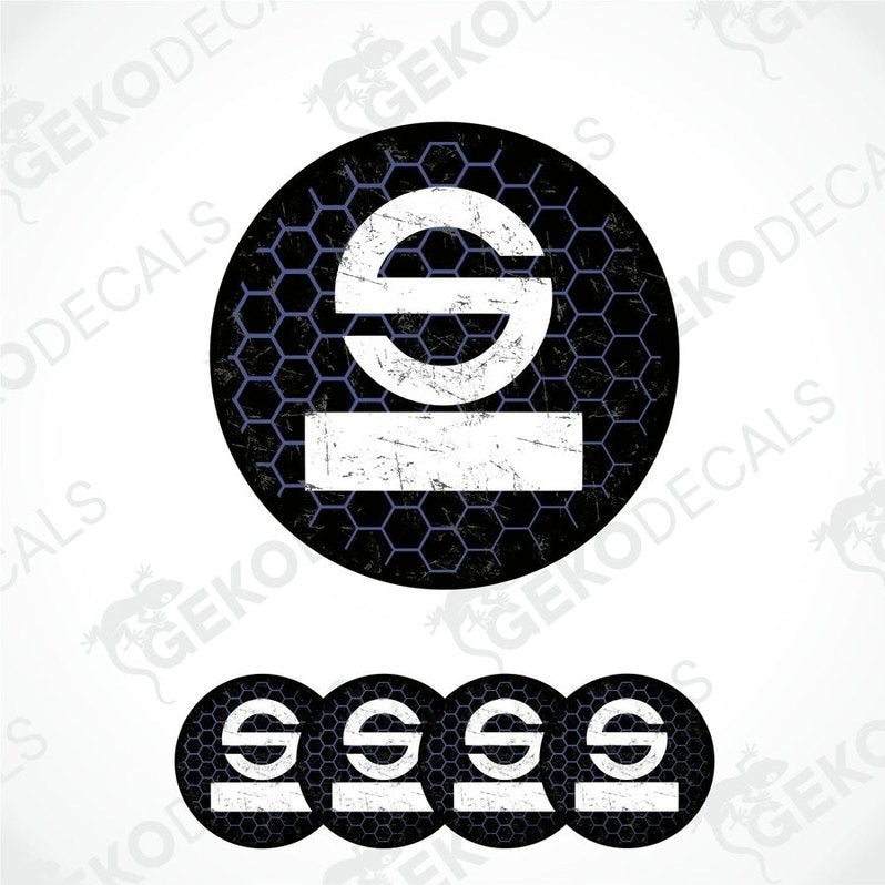 A set of four black vinyl stickers with the SPARCO brand logo, designed for use as car decals.