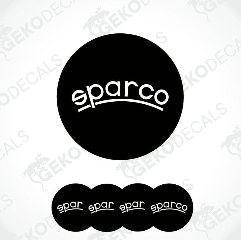 A set of four black vinyl stickers with the SPARCO brand logo on them.