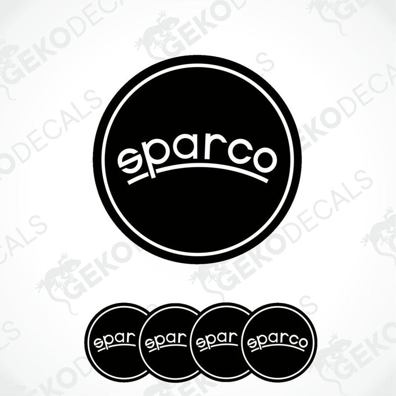 A set of four black vinyl stickers with the SPARCO brand logo on them.
