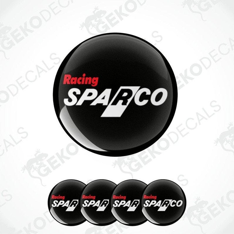 A set of four black vinyl stickers with the SPARCO RACING logo in red and white.