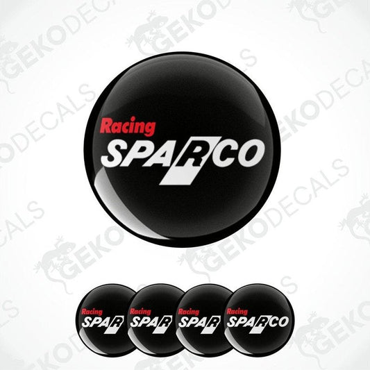 A set of four black vinyl stickers with the SPARCO RACING logo in red and white.