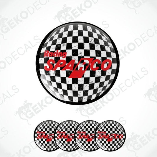 A set of vinyl stickers with a checkered black and white pattern and the text 'SPARCO' displayed prominently in the center.