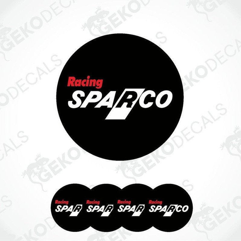 A set of four black vinyl stickers with the SPARCO RACING logo in red and white.