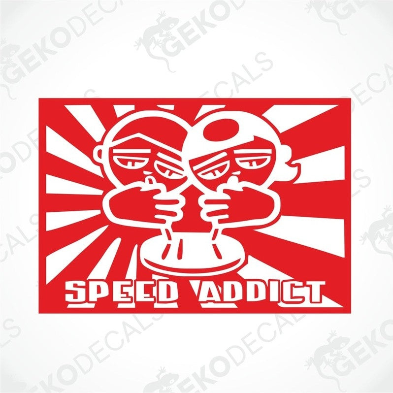 A red and white car sticker with graphic design depicting two cartoon faces and the text 'SPEED ADDICT'.