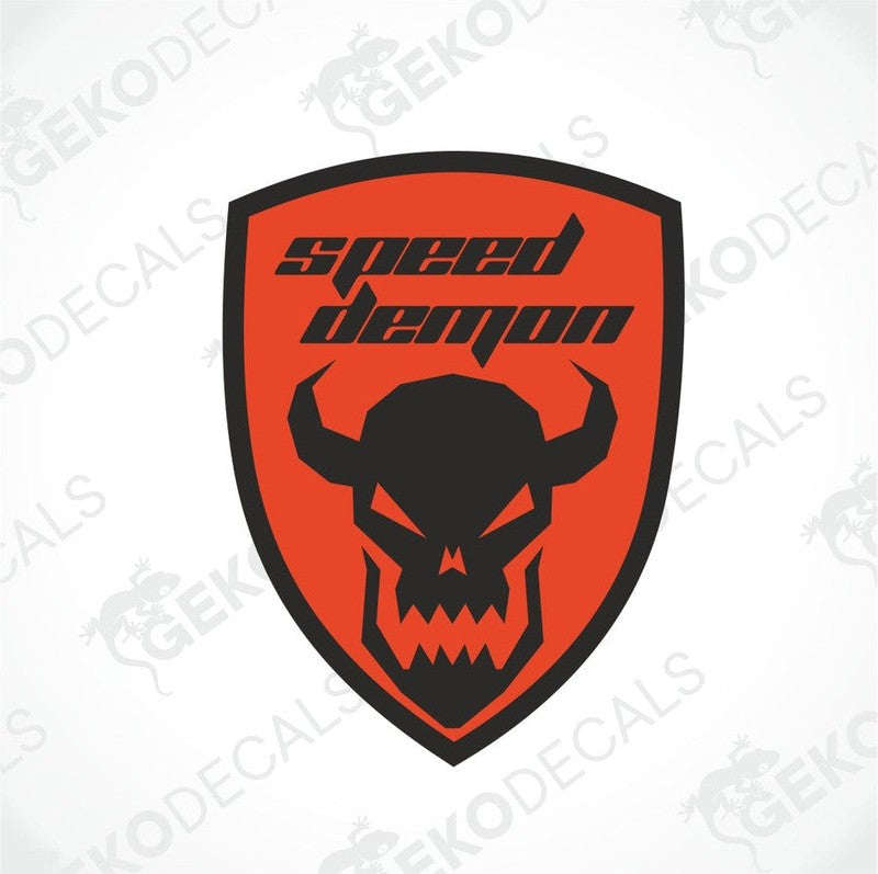 A red, black, and white car decal of a speed demon character.