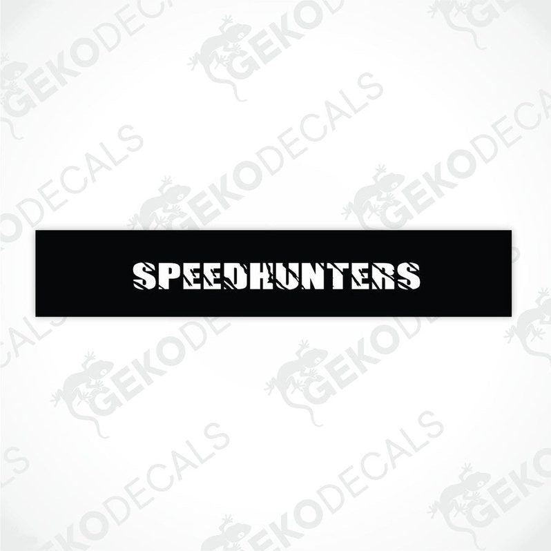 Black car windshield sun visor with white text SPEEDHUNTER