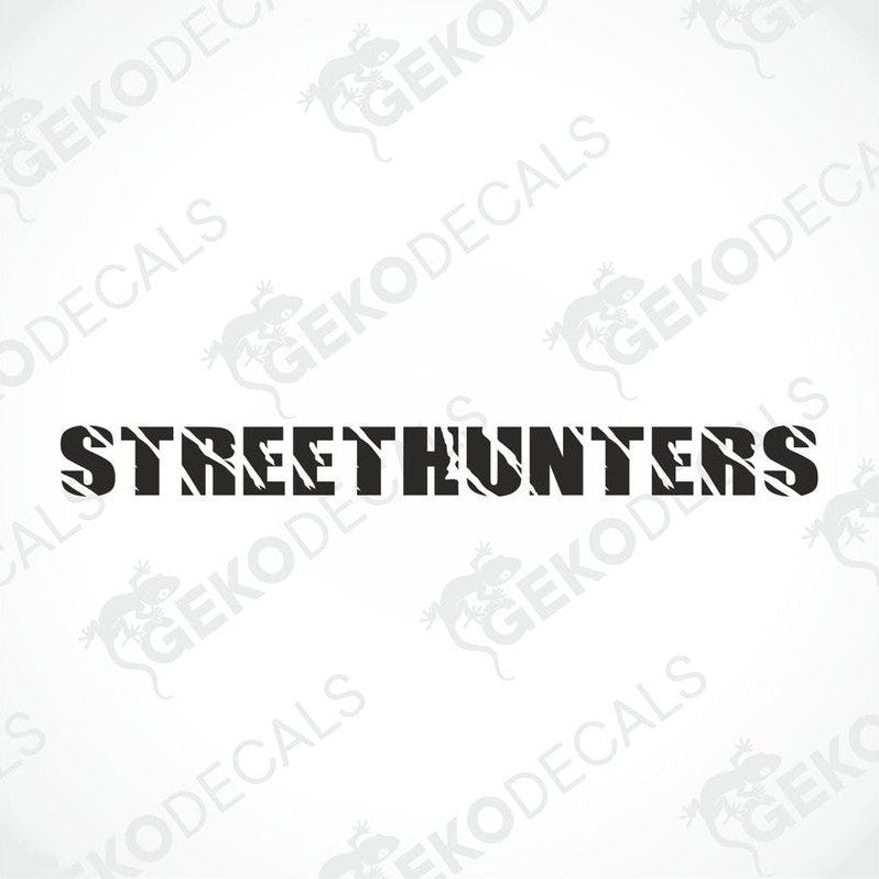 White car windshield sticker with cut-out text STREETHUNTERS