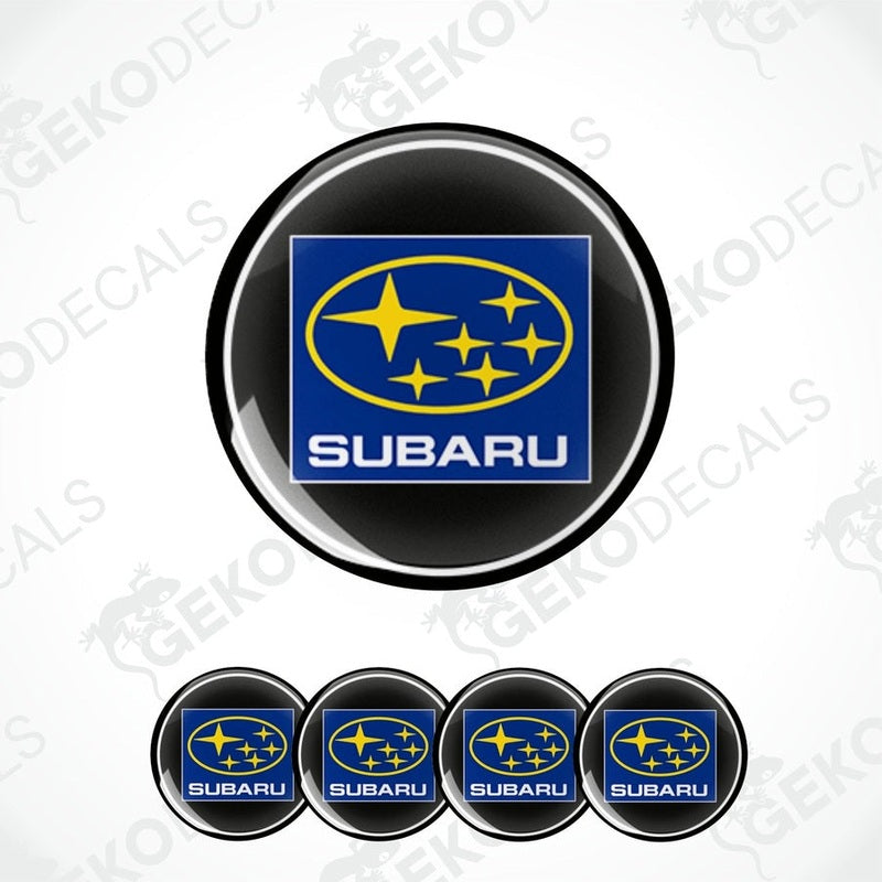 A set of Subaru branded vinyl decals with a polyurethane coating, presented in a circular arrangement showcasing the design.