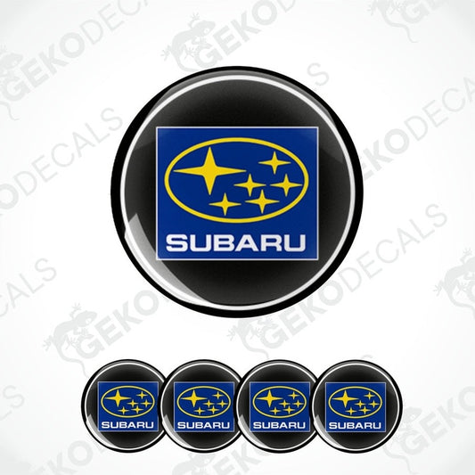 A set of Subaru branded vinyl decals with a polyurethane coating, presented in a circular arrangement showcasing the design.