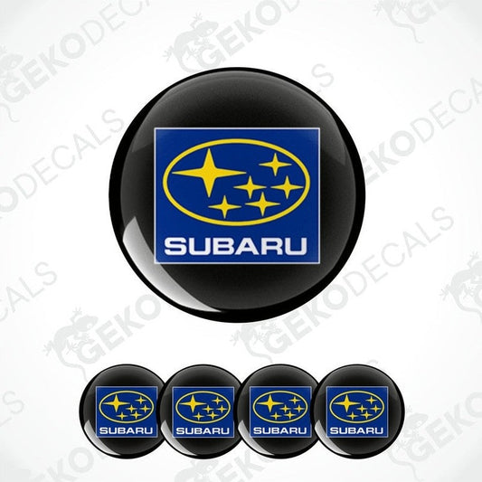 A set of four Subaru branded vinyl decals with a polyurethane coating, displayed on a white background.