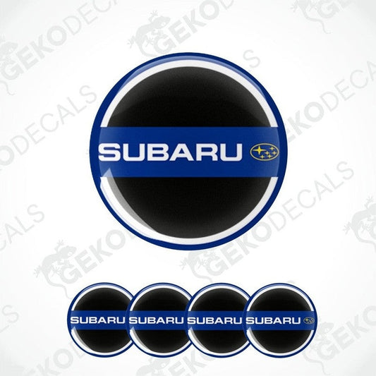 A set of four blue vinyl stickers with the word 'SUBARU' and a logo depicting a circle with a line through it, indicating a car brand.