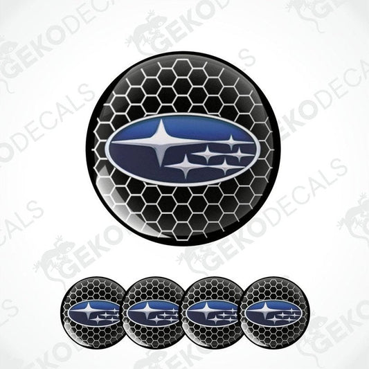 A set of four black vinyl stickers with a Subaru logo and a geometric pattern design.