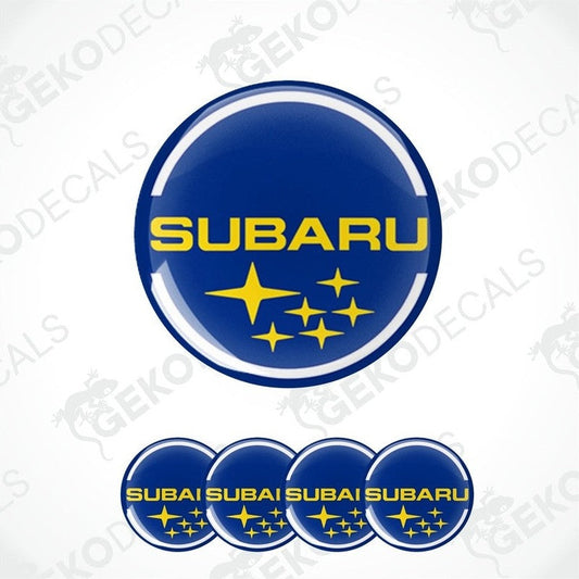 A set of Subaru branded vinyl decals with a blue background and yellow text and stars.