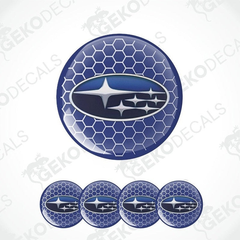 A set of four blue vinyl stickers with a geometric pattern and the Subaru brand logo in the center.