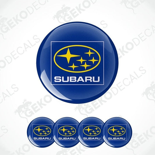 A set of Subaru branded vinyl decals with a polyurethane coating, presented in various sizes suitable for vehicle wheels and caps.