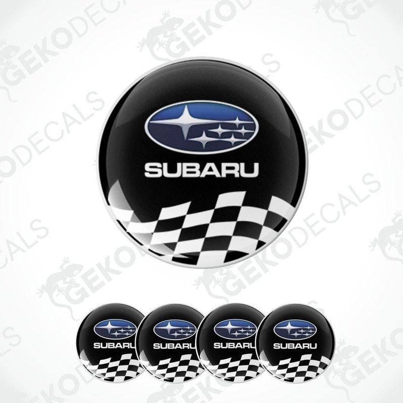 A set of four vinyl decals with polyurethane coating, featuring the Subaru logo with a checkered pattern.