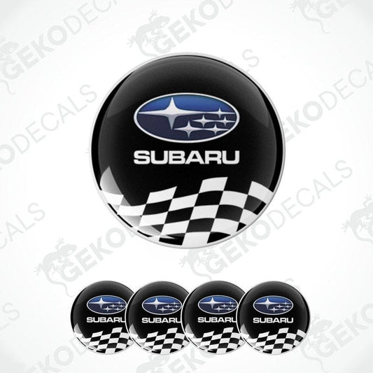 A set of four vinyl decals with polyurethane coating, featuring the Subaru logo with a checkered pattern.