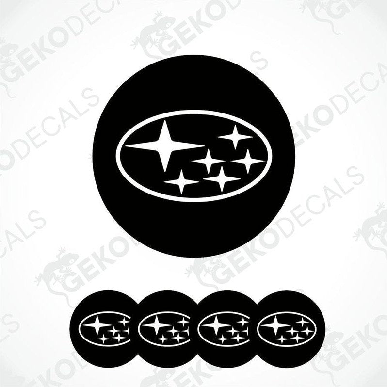 A set of four black vinyl stickers with a star pattern and the word 'SUBARU' printed on them.