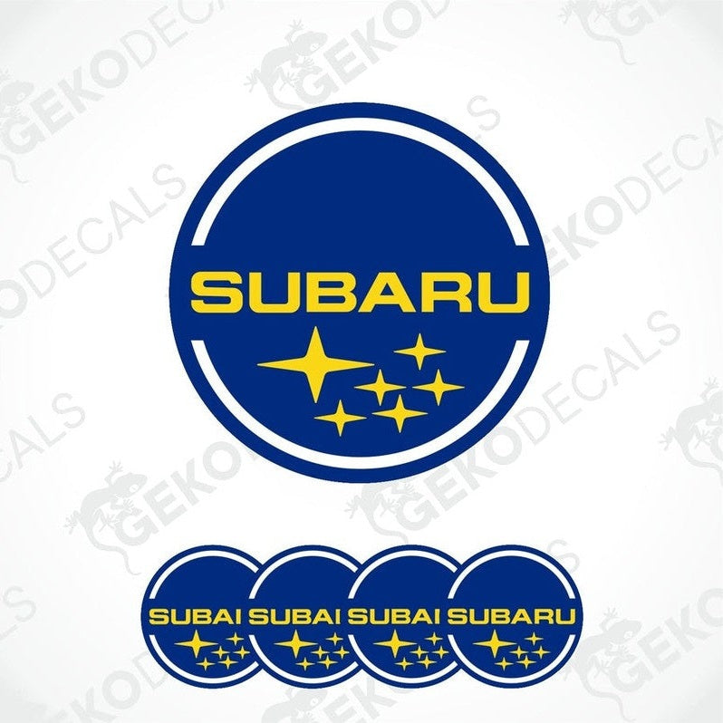 A set of Subaru branded vinyl decals with a blue background and yellow text and stars.