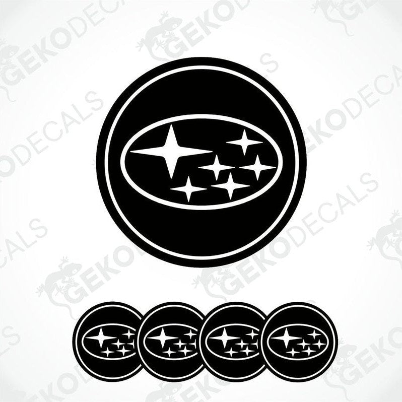 A set of four black vinyl stickers with a star and the logo of the Subaru car brand.