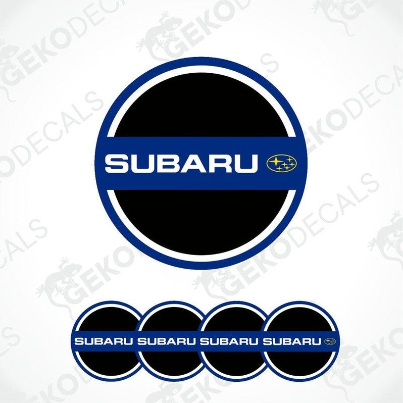 A set of four blue vinyl stickers with the word 'SUBARU' and a logo depicting a circle with a line through it, indicating a car brand.