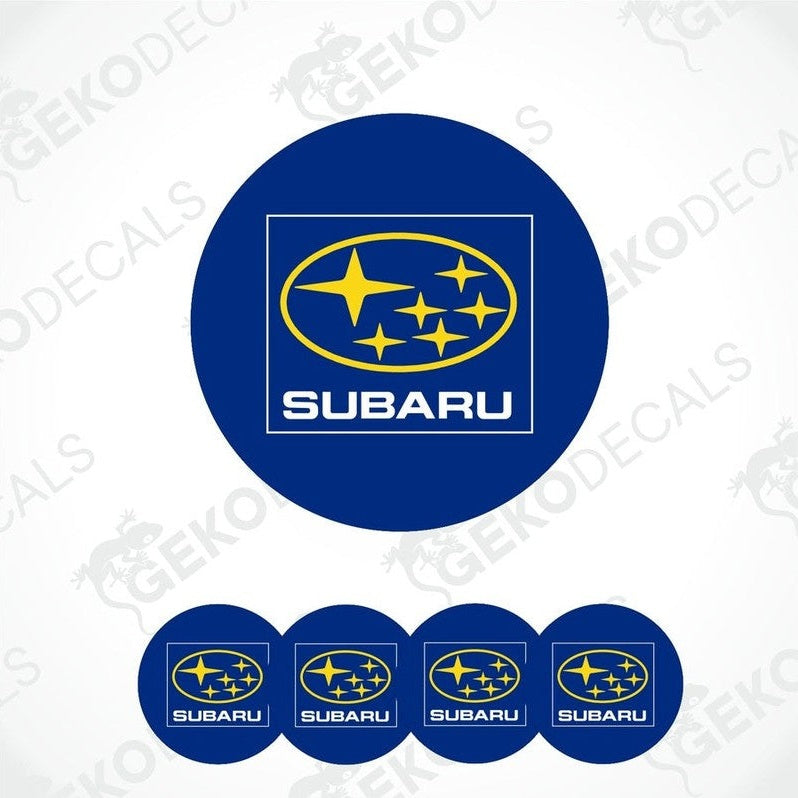 A set of Subaru branded vinyl decals with a polyurethane coating, presented in various sizes suitable for vehicle wheels and caps.