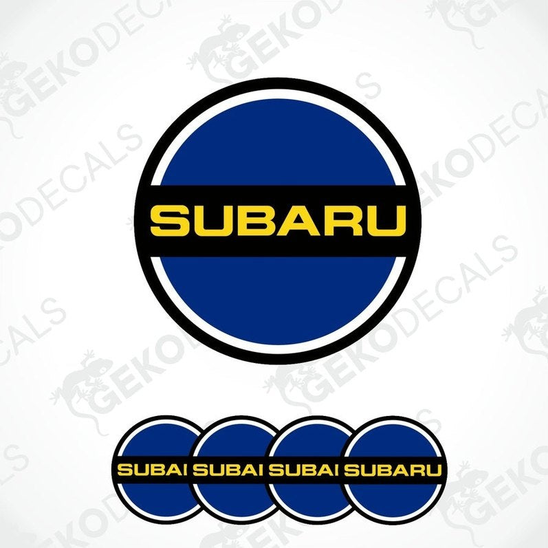 A set of Subaru branded vinyl decals, predominantly blue with white and yellow accents, designed for vehicle wheels and branding purposes.