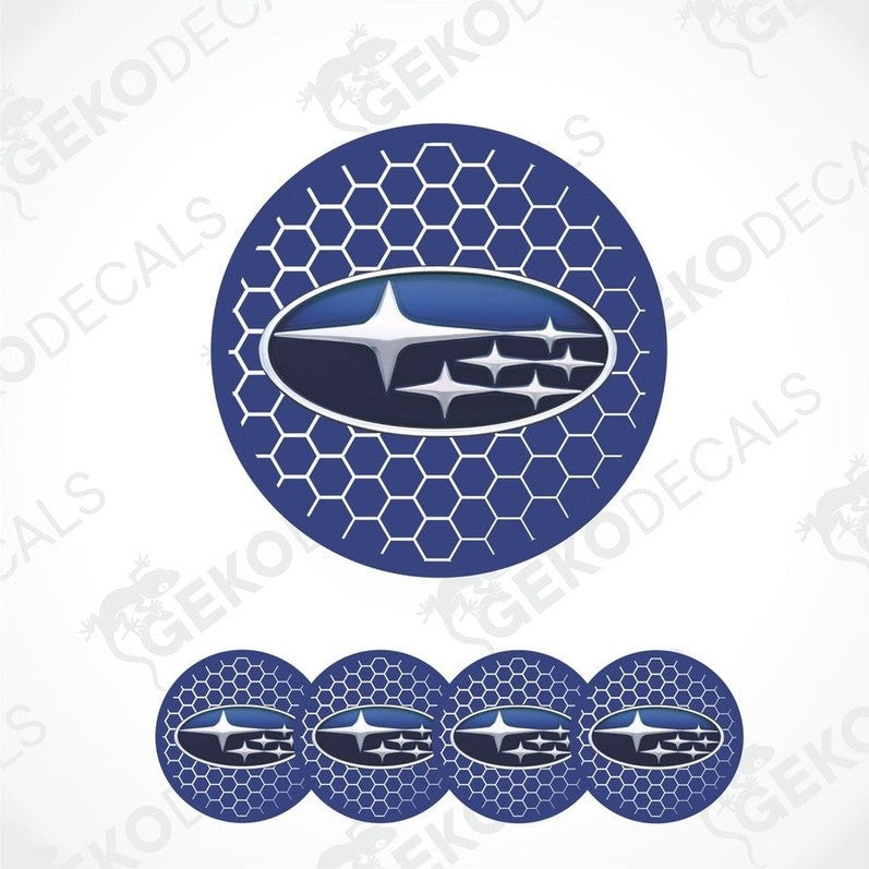 A set of four blue vinyl stickers with a geometric pattern and the Subaru brand logo in the center.