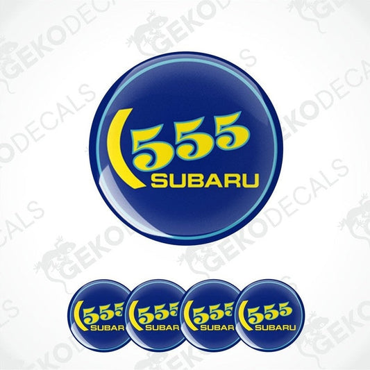 A set of four blue vinyl decals with the number 555 and the Subaru brand logo in yellow.