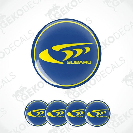A set of Subaru branded vinyl decals with a blue background and yellow Subaru logo.