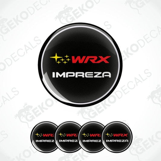 A set of four black, red, and yellow vinyl decals with the text 'SUBARU WRX' and 'IMPREZA', designed for vehicle wheels or caps.
